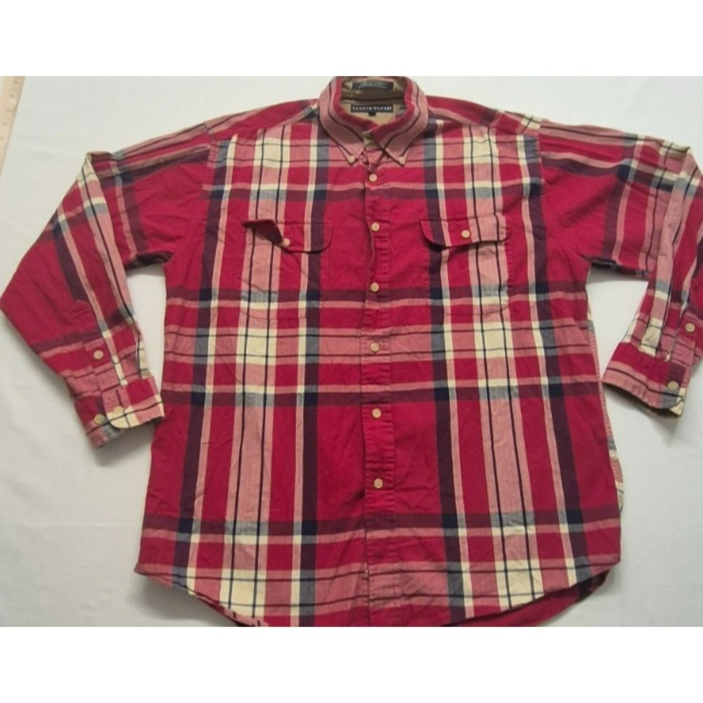 VTG Tommy Hilfiger men red/blue plaid long sleeve button up pocket shirt sz XL